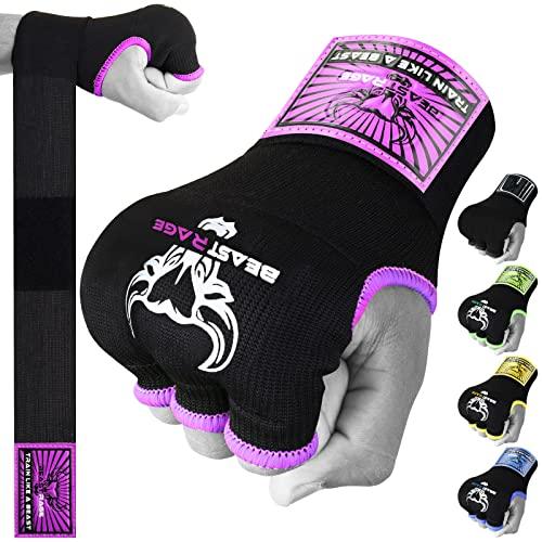 BEAST RAGE Guantoni da Boxe in Gel per Le Mani, 75 cm, Imbottiti, Elastici, per Allenamento, Muay Thai, Bende UFC per Uomo, Donna e Bambini (S (Adulto), Viola)