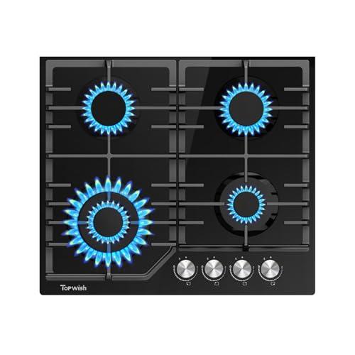 TOPWISH piano cottura 4 fuochi gas vetro,piano cottura gas 4 fuochi 60cm con italiano sabaf bruciatore, NG/LPG convertibile, protezione della termocoppia, accensione elettronica a impulsi, 8000 Watt