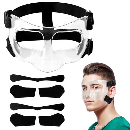 Maschera per Naso Rotto, Regolabile Visiera Traspirante Trasparente Allenamento Sportivo Maschera per il Viso Protezione per il Naso con Imbottitura per Adulti Adolescenti Basket Calcio