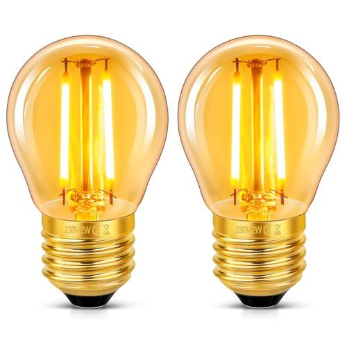 2 Pezzi Lampadina Vintage Edison LED E27, 2W LED Filamento Equivalente a 20W, Vetro Ambrata, Bianca Calda 2200K, 200LM, Non Dimmerabile, Mini Globo G45, Lampadine Decorativo Retro Stile