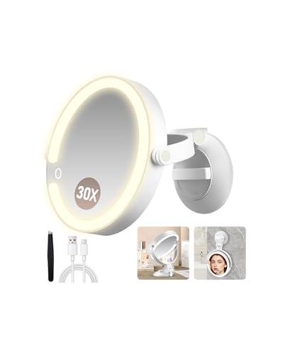 MOMOKUBA - Specchio Girevole 360° con Luce e Ingrandimento 30x, 3 Modalità LED, Ventosa Ricaricabile per Bagno