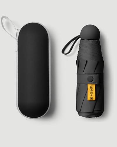 Ombrello da viaggio compatto – 19,1 cm piegato, leggero, tascabile con custodia, nero