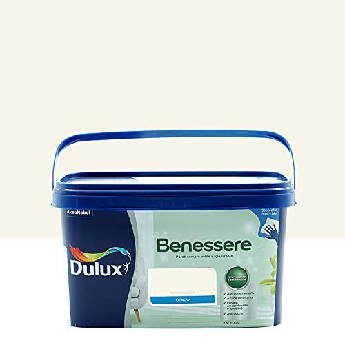 Dulux Benessere Pittura Colorata all'Acqua per Interni Superlavabile Anti Muffa Anti Batteri con Ioni D'Argento, 2.5 Litri, Bianco Lino, 2.5L