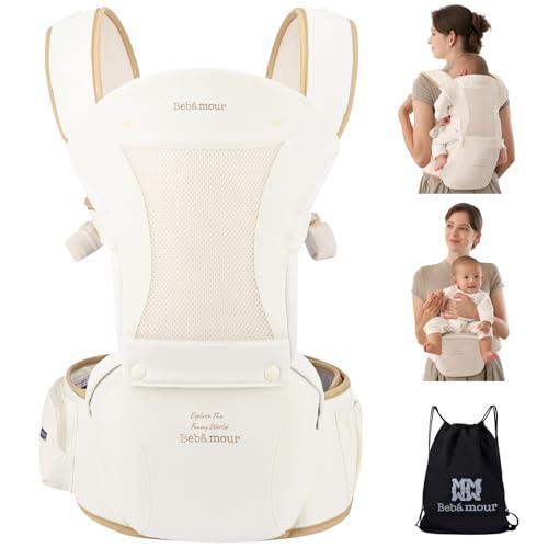 Bebear Marsupio,Bebamour Marsupio per 0-36 mesi, marsupio traspirante da neonato a bambino, approvato dagli standard di sicurezza, seggiolino ergonomico 6 in 1 anteriore,Cotton Beige