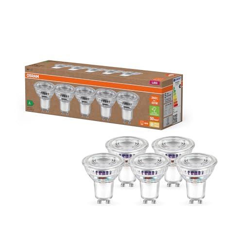 OSRAM Lampade LED ad alta efficienza con classe di efficienza energetica A, Confezione vantaggiosa con 5 lampadine, sostituzione 50W, bianco caldo (2700K), E27, vetro