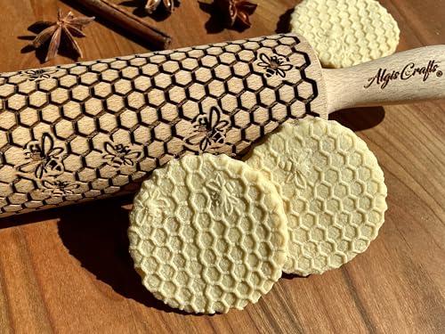 ALVEARE Mattarello Decorativo per Biscotti | Mattarello Inciso | Rullo per Biscotti e per Modellare | Mattarello Legno Goffrato di Algis Crafts