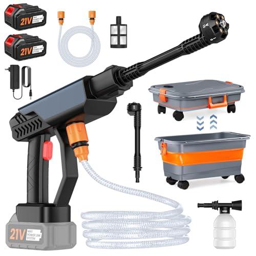 Idropulitrice a Batteria, 30 Bar Idropulitrice Portatile con Secchio Pieghevole da 22L, 2 Batterie da 3,0 Ah, Ugello 6 in 1, Tubo da 5M, Serbatoio Della Schiuma, per Auto e Giardino (Grigio)