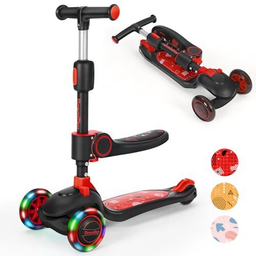 BremToy Monopattino Bambini con Sedile, Monopattino Pieghevole con 3 Ruote LED Luce, Altezza Regolabile per Bambini 2-8 Anni, Carico 50 kg, Nero + Rosso