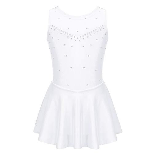 Freebily Vestito Pattinaggio Artistico Bambina Senza Maniche con Strass Body Ginnastica Artistica Ballerina Tutu Danza Classica Balletto Abito Ballo Latino Dancewear Bianco 9-10 Anni