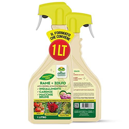 Albagarden - Rame + Zolfo Spray 1 Litro - Concime Potente per Piante Contro le Malattie - Per Ingiallimenti, Carenze, Macchie Brune, Oidio, Peronospora - Per Orto Giardino E Piante Verdi