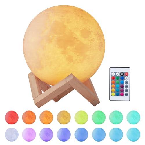 EXTSUD Lampada da tavolo a forma di luna piena, con telecomando, dimmerabile, 16 colori principali, 4 modalità di conversione della luce con ricarica USB, regalo con supporto in legno (15 cm)
