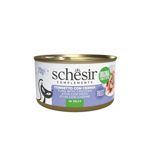 Schesir, Filetti di Tonno con Cernia in Gelatina, Cibo Umido Complementare per Gatti, Ricetta Originale, 100% Naturale, 12 lattine da 70g