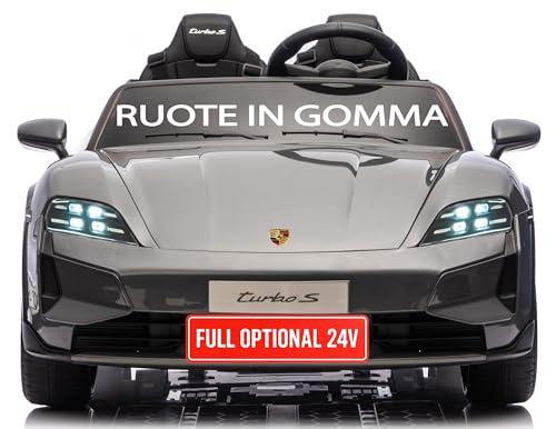 Auto Elettrica per Bambini 24V Porsche Taycan TurboS 2 Posti Macchina Elettrica con Ruote in Gomma Telecomando Luci LED Bluetooth Grigio