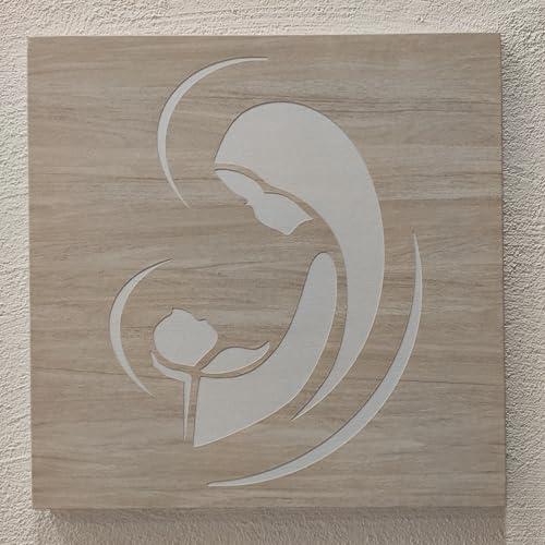 Quadro sacro capoletto design moderno Madonna con bambino 40 cm in legno rivestimento effetto legno e tela di lino MADE IN ITALY colore personalizzabile,legnoegrafite