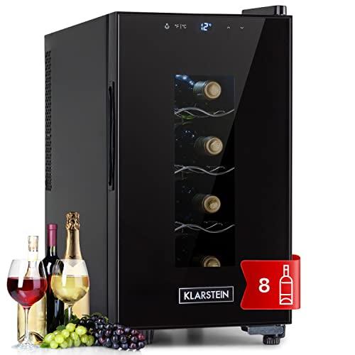 KLARSTEIN Cantinetta Vino, Cantinetta Vino Refrigerata a Zona Singola per Interno/Esterni, Frigo Bar, Cantina Vino con Vetrina, Mini Bar con Protezione UV, Frigo Vino Touch, 11-18°C, 8 Bottiglie