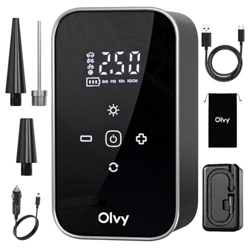 Olvy Compressore d'aria portatile - Gonfiatore di pneumatici senza fili 12V - Batteria ricaricabile 6000 mAh - Display digitale - Spegnimento automatico - Luce LED - Per auto, bici, moto, palla e mate