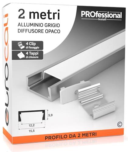 Eurocali Profilo da 2 metri (2mt) in Alluminio grigio per Strisce LED Schermatura Opaca ingombro max striscia led 12.2mm - 15.5 x 5.9