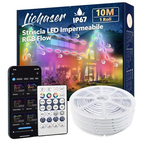 Lichaser Striscia LED per Esterni Strisce LED Impermeabili Fai da te IP67 RGB+IC, Tracciamento e Segmentazione con App BT Etelecomando 2.4G RF per Uso Esterno (10m)