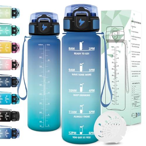Motswedi Borraccia 1 litro, a Prova di Perdite, Borraccia Motivazionale, Riutilizzabile, Bottiglia Acqua, Senza BPA, Borracce, per Palestra, Ufficio, Sport, Ciclismo, Running, Blu Verde