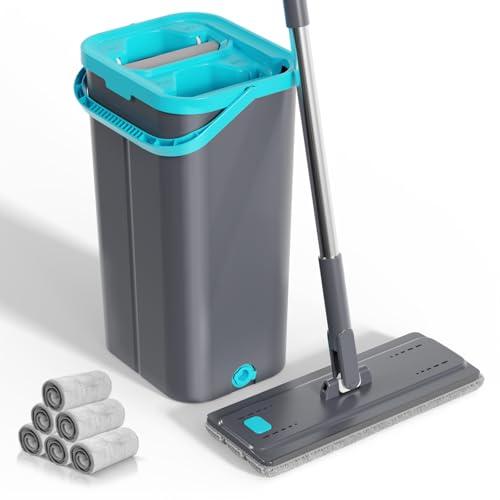 Masthome Mocio Lavapavimenti, Mocio Piatto e Secchio Strizzatore, Mop Pavimenti in Microfibra con 6 Tamponi Riutilizzabili, per Tutti i Tipi di Pavimenti (Grigio Scuro)