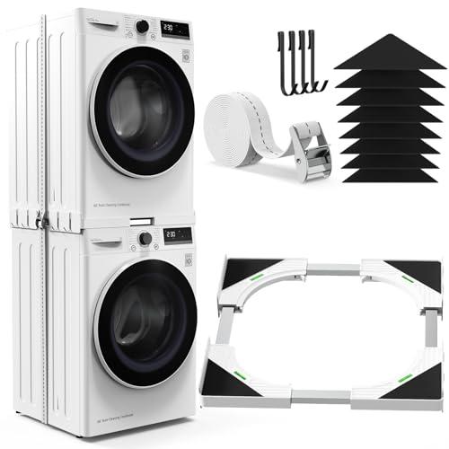 YUZEER Kit di Sovrapposizione Universale per Lavatrice e Asciugatrice, Telaio regolabile 45-68 cm, con Cinghie a Cricchetto, Cuscinetti Antiscivolo e 4 Ganci Salvaspazio (Bianco)
