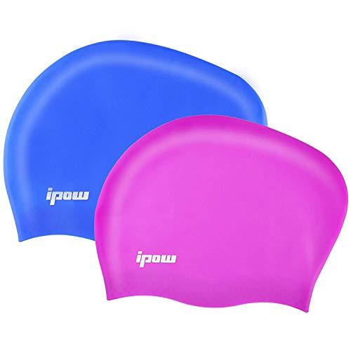 ipow 2pz Cuffia da Nuoto Cuffia Piscina in Silicone di Alta qualità atossico Antiscivolo Proteggi i Capelli Adatto Perfetto per Capelli Lunghi, Blu+Fuxia