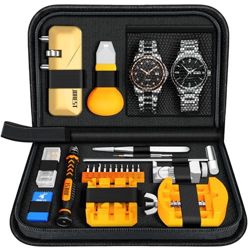 【Novità 2024】JOREST Kit Riparazione Orologiaio, Sostituzione Batteria, Togli Maglie Orologi, Chiave Fondello Apri Cassa, Aprire Orolog, Accorciare Orologio, Rimuovi Perni, Regola Cinturino, Cacciavite