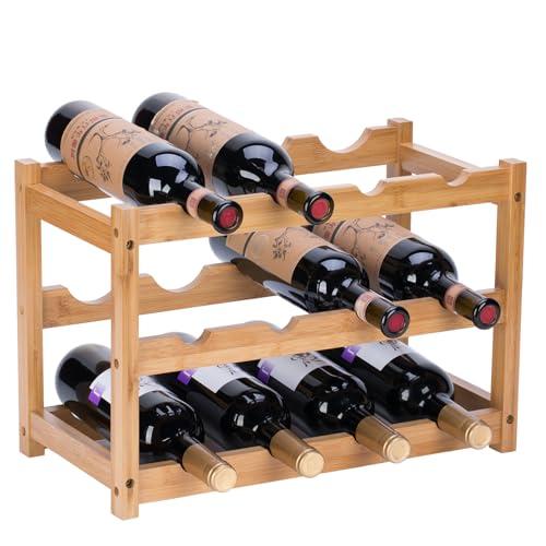YunNasi PortaBottiglie di Vino, Portabottiglie da Tavolo in Bambù Naturale, Vintage Espositore Bottiglie Scaffale Cantinetta Portabottiglie per Cucina, Bar, Cantina(3 livelli-12 bottiglie)