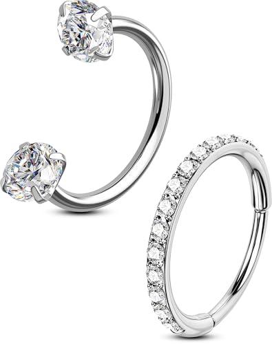 OUFER Body Piercing 2pcs 316L Stainless Steel Nose Ring Hoops 20G Threadless Horseshoe Nose Nostril Piercings Jewellery Sets Hinged Segment Helix Septum Lip Eyebrow Rook Daith Earrings 7/8mm