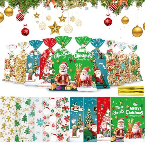 Gigmeta 100 Pezzi Sacchetti Trasparenti per Caramelle Biscotto, 10 Stili di Sacchetti Biscotti Natale, Sacchetto di Cellophane, Sacchetto Natalizi per Dolciumi con Nastri Twist