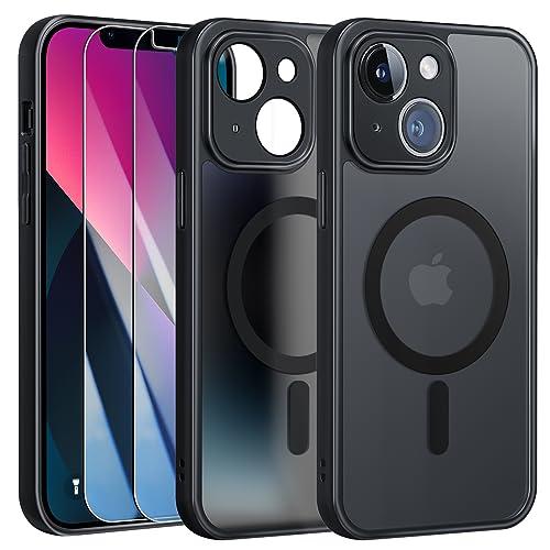 FLLAO Cover Magnetica per iPhone 13 Custodia e 2 Pellicole in Vetro Temperato, Compatibile con Magsafe, Traslucida Opaca Posteriore Sottile Antiurto Protettiva Case, Nero
