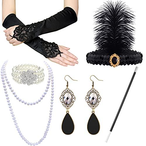 ZOCONE 8 Pezzi a Set Accessori Anni 20 Donna, Fascia di Piume Guanti Lunghi Collana con Perle Accessori Gatsby Costume Set Charleston Accessori per Halloween Natale Anni 20 Festa Accessori Ballo