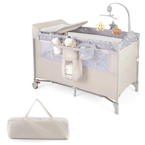 COSTWAY 4 in 1 Lettino per Bambini con Materasso, Lettino Culla da Viaggio per Neonati, Culla Neonato con Fasciatoio, Box Portatile Pieghevole, con Ruote e Borsa, 125 x 65 x 119 cm (Beige)