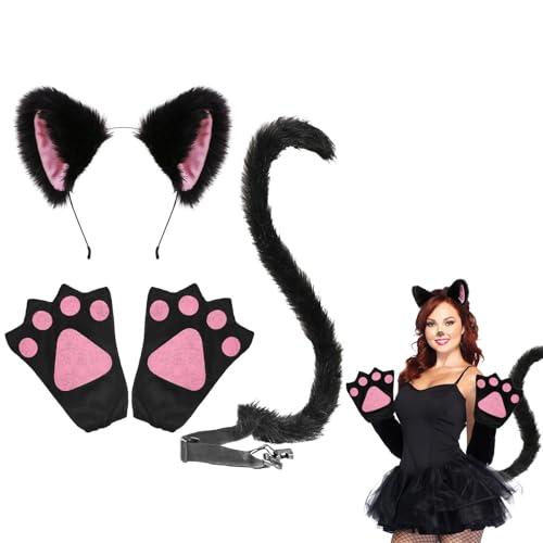 EUPSIIU 3 Pezzi Animale Costume Volpe Gatto Cosplay per Donna Bambini Adulti, Peluche Peloso Volpe Gatto Orecchie Artiglio Gatto Coda Lunga per Bambina Dress Up Costume Party Halloween Festa