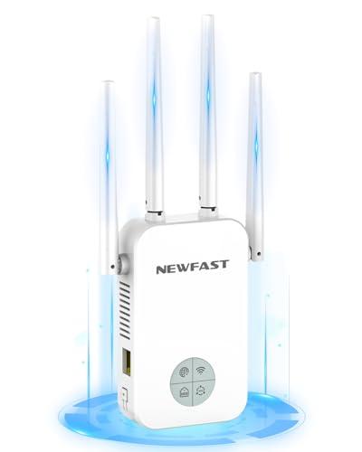 NEWFAST Ripetitore WiFi Potente per Casa, 1200Mbps WiFi Extender Dual Band 2.4GHz/5GHz con 4 Antenne ad Alto Guadagno, Porta Ethernet, WPS, Display Intelligente, Supporta 3 Modalità(Bianco)