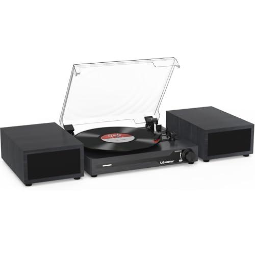 Udreamer Giradischi con 2 altoparlanti stereo doppio, giradischi vintage Bluetooth 5.3 supporta 3 velocità, AUX-In, RCA Line, USB, riproduzione wireless, nero