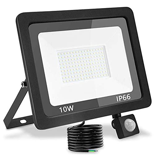 treoir Faretto con Sensore di Movimento 10W,1000LM Faretto LED da Esterno,6000K Faretti Led Esterno IP66 Impermeabile Faro LED per Cortile,Campo da Basket,Giardino (Bianco freddo, 10Watt)