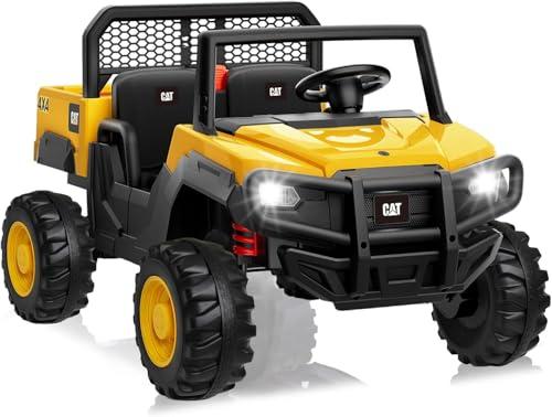 Macchina Elettrica 2 Posti Caterpillar 24V per Bambini Camion da Cantiere con Cassone Ribaltabile e Pala 4 Motori da 100W Telecomando per Genitori Carico Massimo 50Kg Giallo