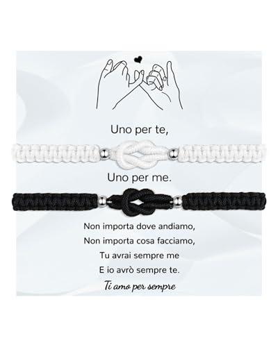 VGWON Bracciali Coppia, Bracciali Amicizia, Regalo Coppia Originale, Braccialetti Nodo D'amore, Regalo per Fidanzato, Fidanzata, Sorella, Amica, 2 Braccialetti Bianco e Nero Abbinati Fatti a Mano