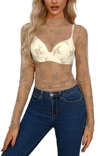 Top sexy da donna maglietta in rete trasparente mesh sheer, cachi, S