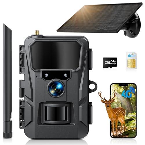 WOLFANG Fototrappola, 4G LTE Fototrappola Solare 2K con Scheda SIM Preinstallato e 64GB SD, Fotocamera con Allarme, Visione Notturna, Batteria da 5200 mAh, Tempo di Scatto 0,2s, IP66, nero