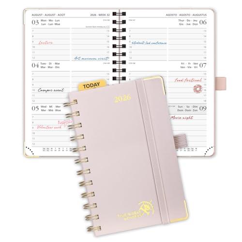 POPRUN Agenda Settimanale 2026 Piccola Spirale 16 x 10,5 cm, Copertina Rigida, Agenda 2026 Tascabile con Angolo di Protezione in Oro, Carta Spessa da 100 GSM, Rosa Chiaro