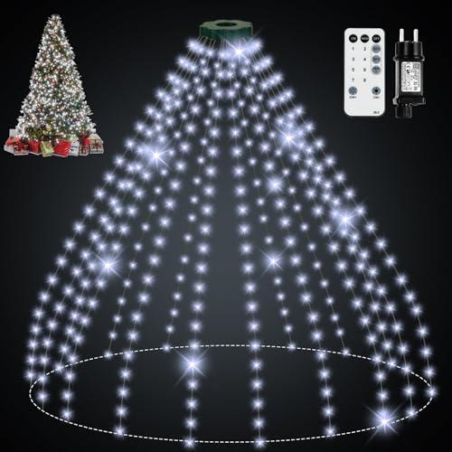 Luci Albero di Natale 200 LED 2M 10 Fili 8 Modalità IP65 Mantello Luci Natale Albero Luci Albero di Natale a Cascata con Anello Luminarie Natalizie per Interno Esterno bianco