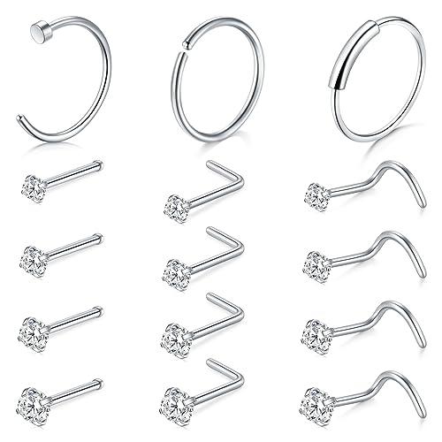 Mayhoop 22G Anello del naso borchie vite set sottile 0,6 millimetri in acciaio chirurgico CZ Nostril Piercing gioielli d'argento Unisex regalo per le donne uomini
