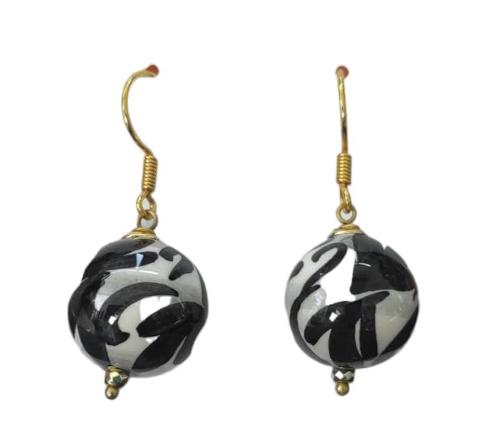 Orecchini Sicily Pendenti Ceramica Dipinta A Mano Fantasie Siciliane, Fatto a Mano, Gioielli Siciliani Donna Ceramica (Nero Bianco)
