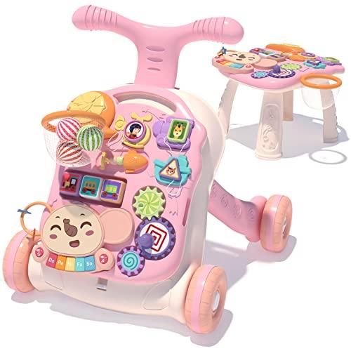 QDRAGON Primi Passi per Bambini Bambina con Freno,Girello Bambino,Sit Stand 3 in 1 Carrello Carrello Giochi Bimba Centro attività Neonato con Suoni e Sonagli Gioco Educativo,Giochi Bambini 6-24 Mesi