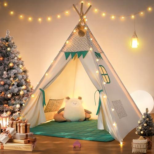 besrey Tenda per Bambini da Gioco in Tela Indiana Teepee in Cotone con Tappetino Imbottito e Luci Fatate (Verde e bianco)