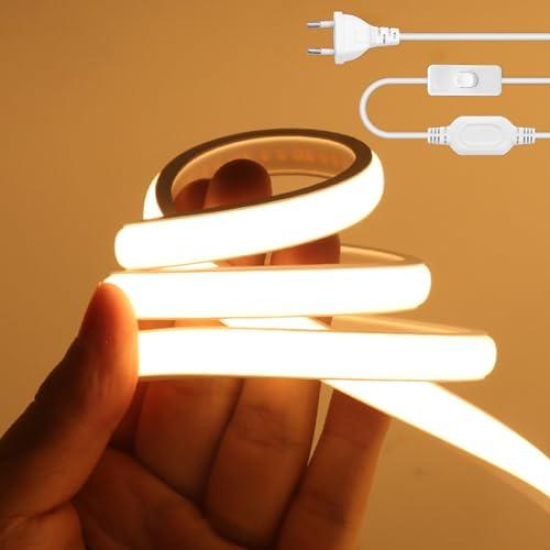 Wisada Striscia LED Neon COB 220V, IP65 Impermeabile Flessibile, 288LED/m 2m Striscia LED FCOB Bianco Caldo 3000K con Interruttore, Illuminazione Camera da Letto Cucina Soggiorno