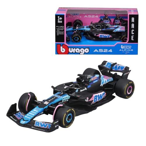 Bburago Formula 1 Alpine A524 Japan Version (2024): modellino auto in scala 1:43, modello speciale, driver #31 Esteban Ocon, Window Box, 12,5 cm, blu rosa (18-38219O1)