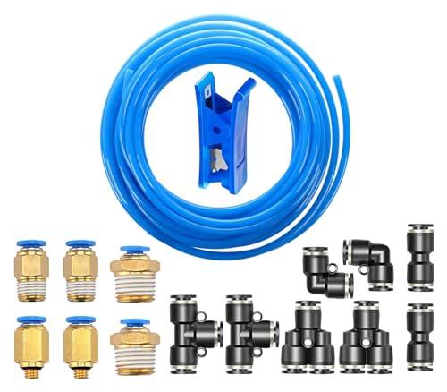HUAZIZ 8mm OD 5mm ID Aria Pneumatica PU Tubo, 10 Meter Tubo per Aria Poliuretano Blu+ 14 Pcs Nero Pneumatico Connettore Raccordo per Tubo dell'aria Raccordi a Innesto Rapido a Innesto